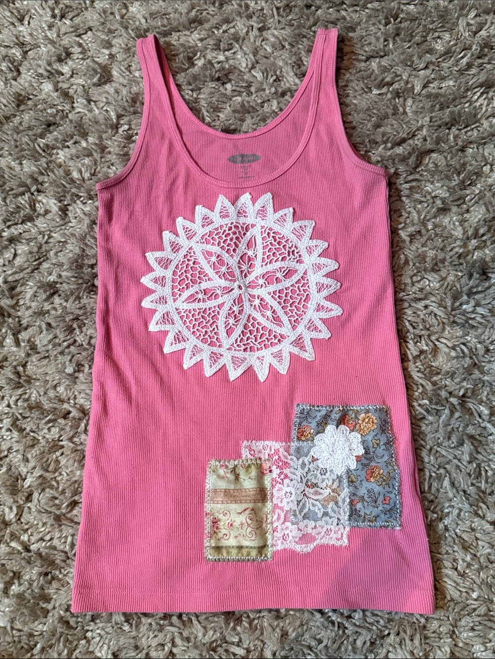 One-of-a-Kind Upcycled Pink Tank with Vintage Lace & Floral Patches